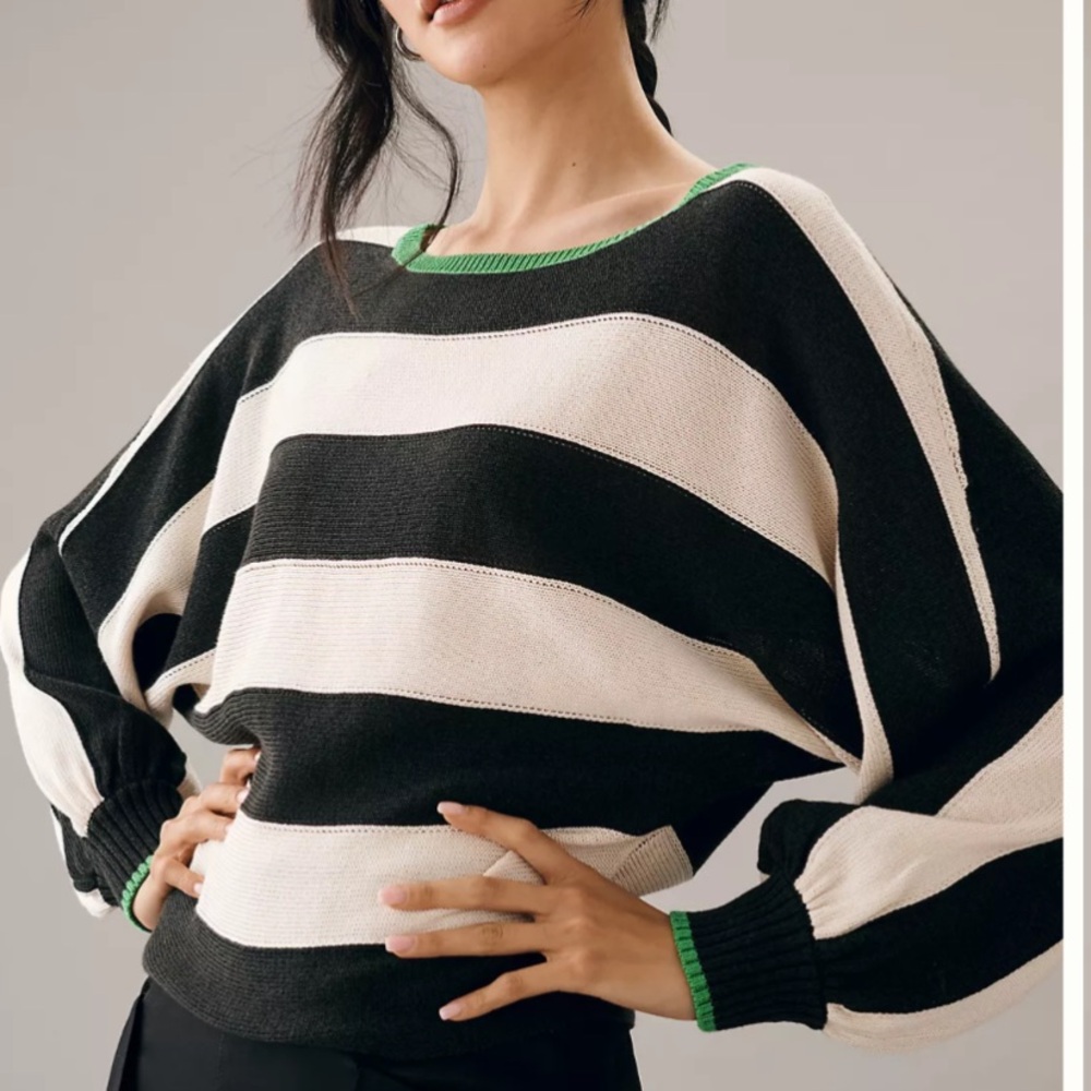Striped Black and Cream Balloon-Sleeve Sweater